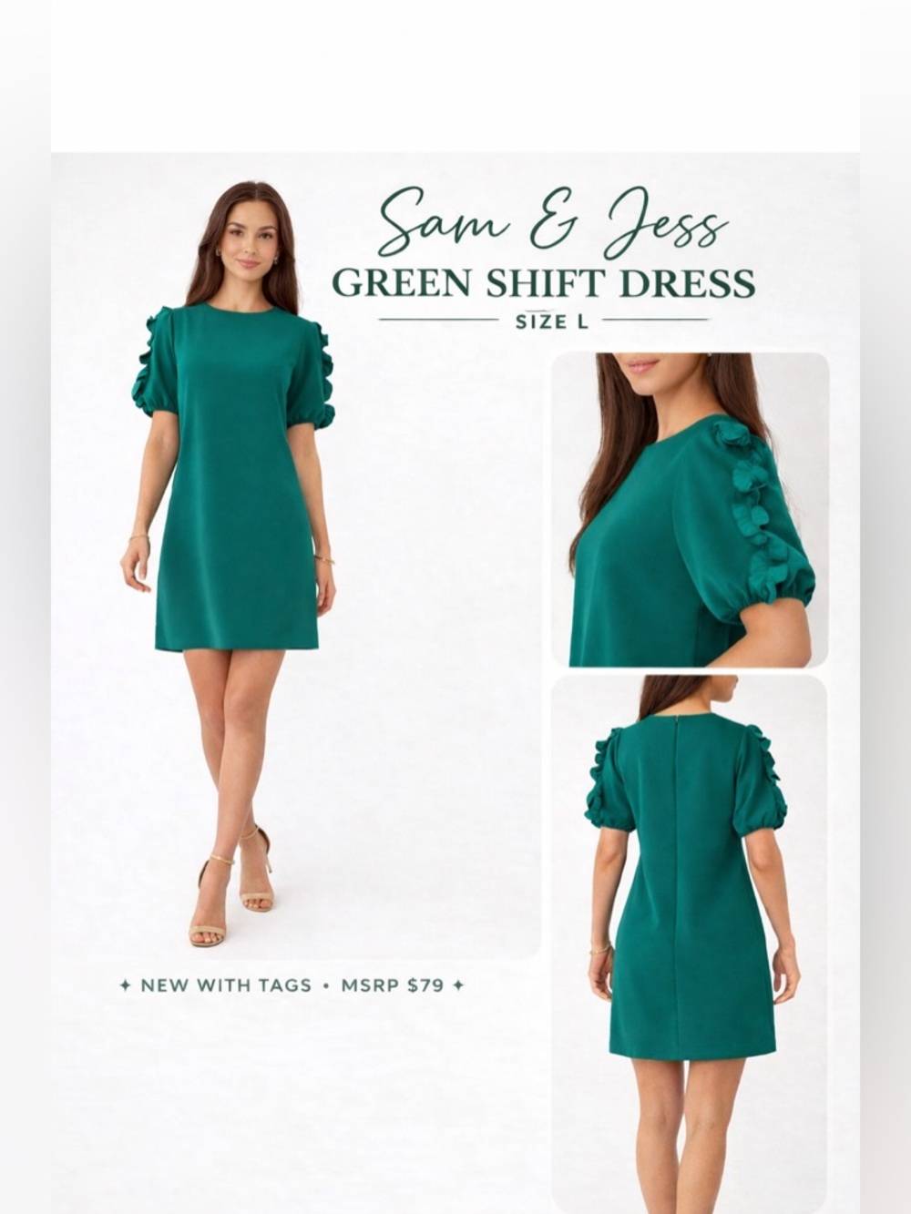 Sam & Jess Green Shift Dress Size L Ruffle Sleeve Minimalist Chic Knee Length